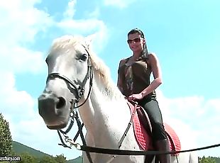 This time you can see gorgeous brunette pornstar Aletta Ocean as she is riding a horse.