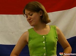 Yet another petite Dutch lady rubs her sweet furry cunt