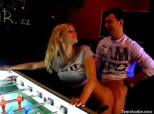 Euro blonde teen gets analized in the game room